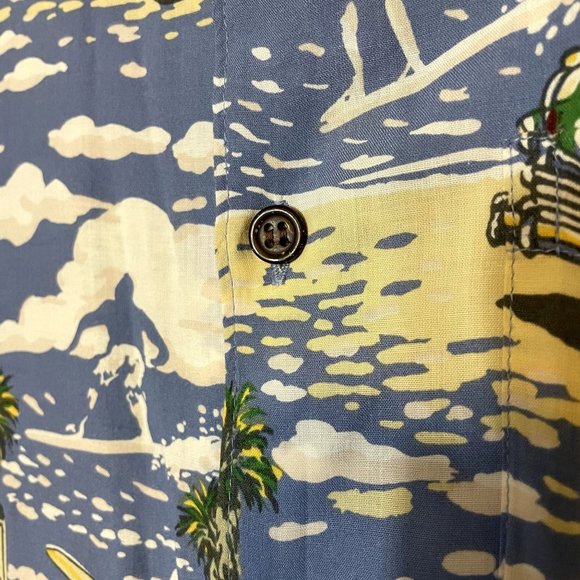 Art of Eddy Y by Reyn Spooner Surfer and Woody Print Short Sleeve Hawaiian Shirt - Picture 5 of 7